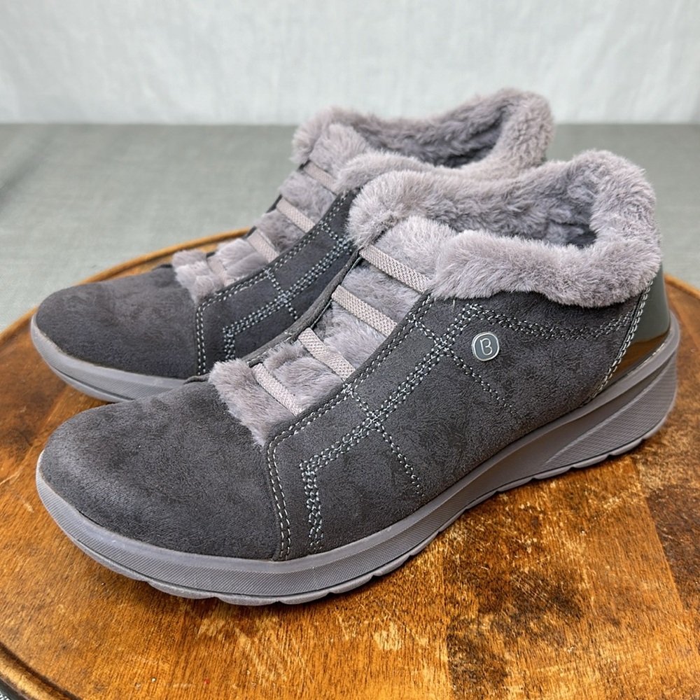 Bzees Shoes Wm 9M Golden Gray Faux Suede Slip On Faux Fur Lining Sneaker Bootie